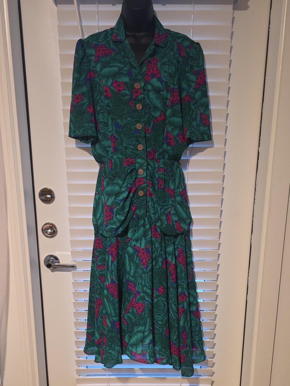 Vintage Leslie Fay Lisa II Secretary Dress Floral Midi Green Red Pleated Size 16